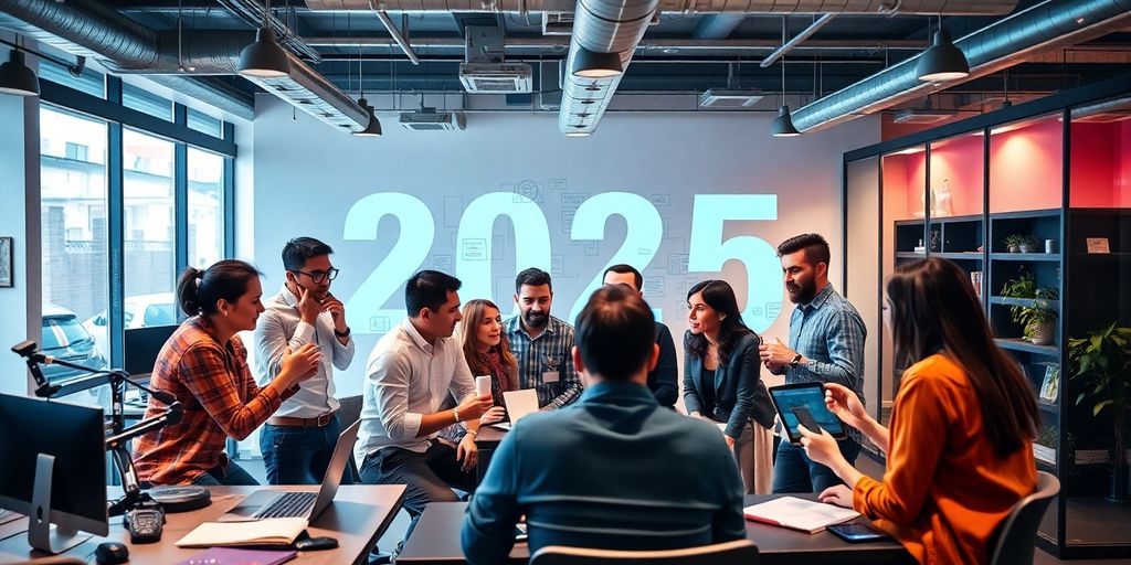 Entrepreneurs collaborating in a modern startup workspace.