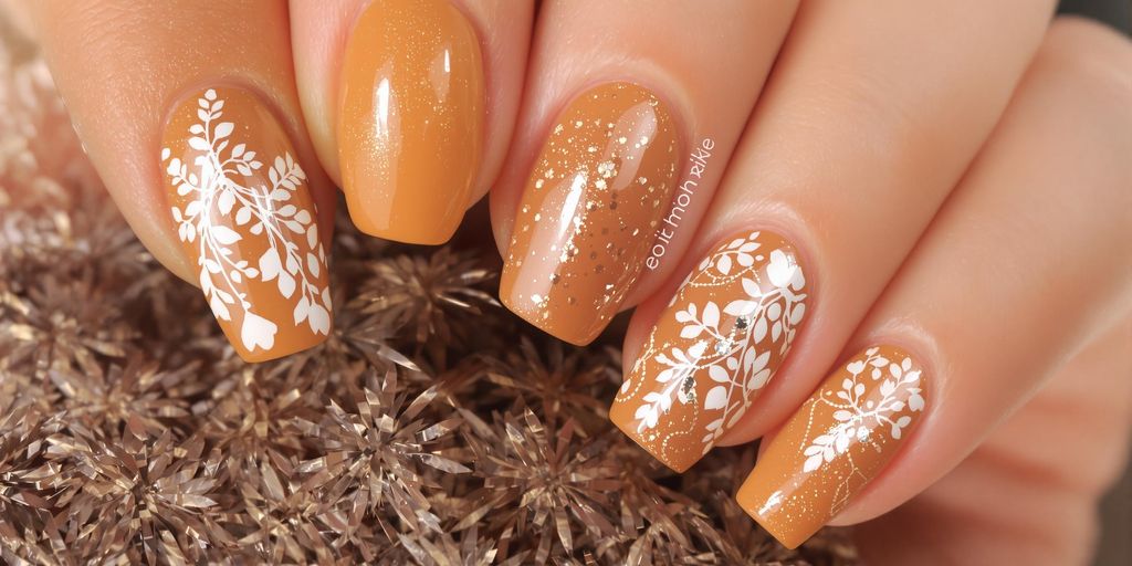 Unhas decoradas em tons caramelo elegantes e sofisticadas.