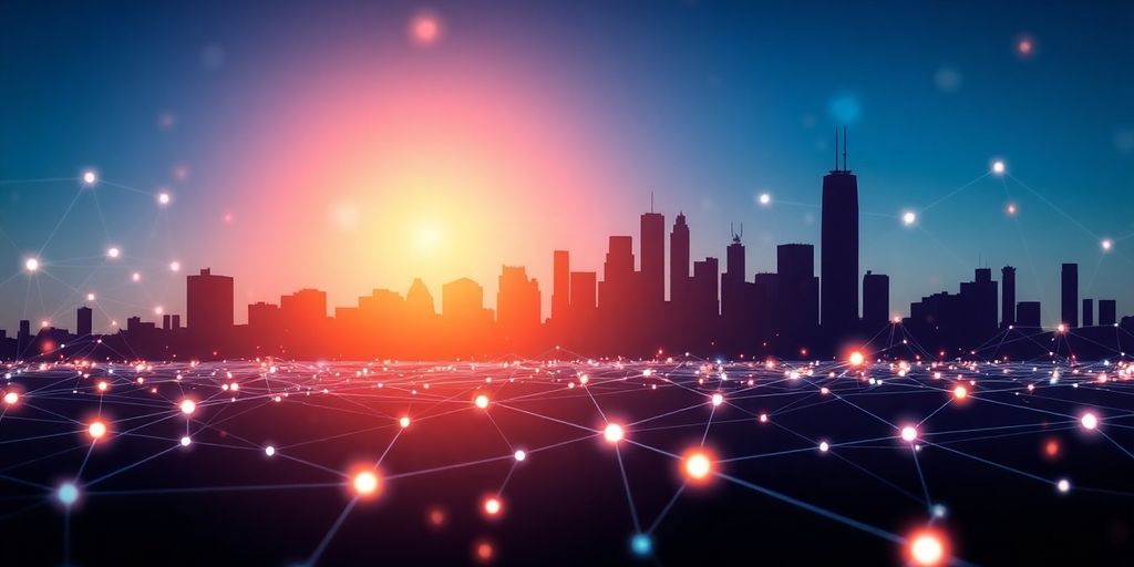 Houston skyline with glowing digital network connections