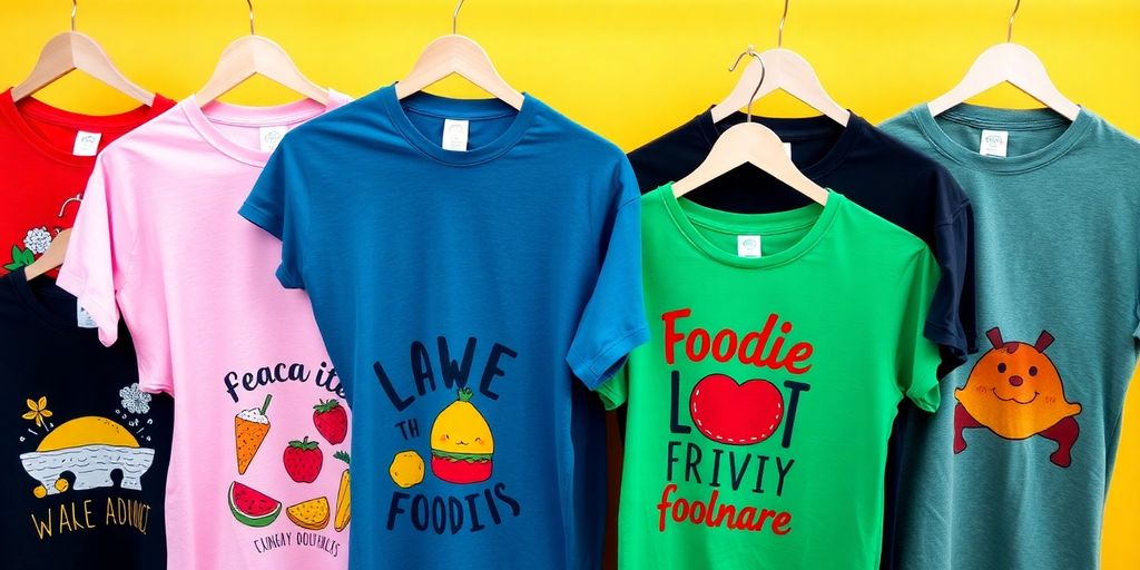 Vibrant foodie t-shirts hanging on display.
