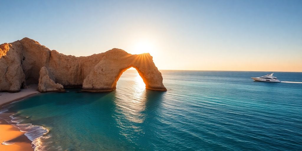 Beach with blue water, boats, and sunlight.