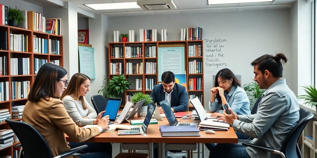 Çeviri ofisinde çalışan profesyonellerin fotoğrafı.