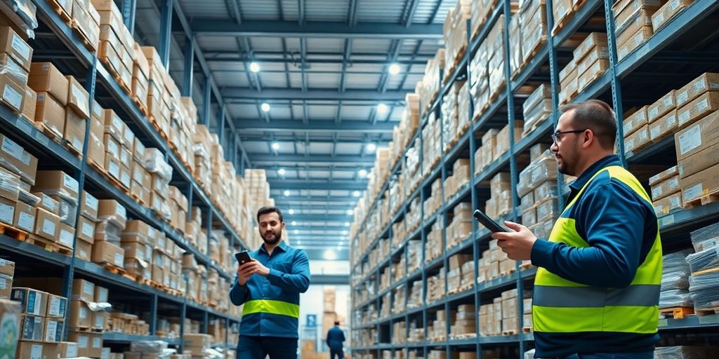 Modern warehouse with organized shelves and handheld devices.