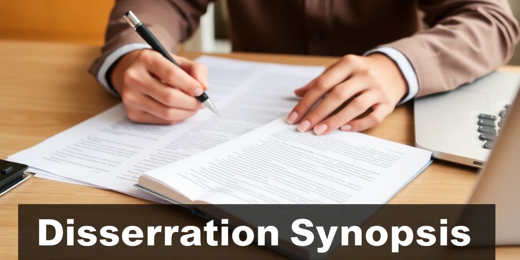 Person editing dissertation synopsis at a desk with laptop.