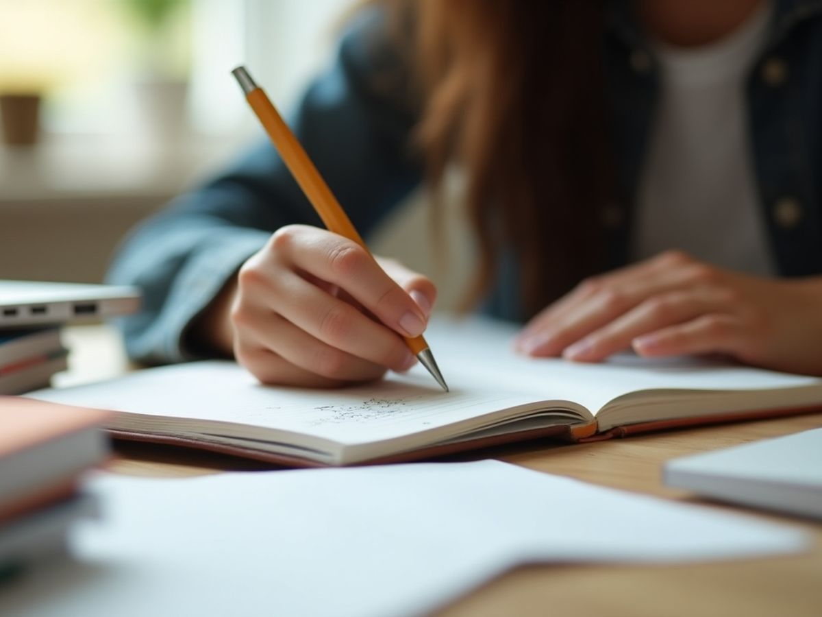 Student writing in a notebook with books and laptop.