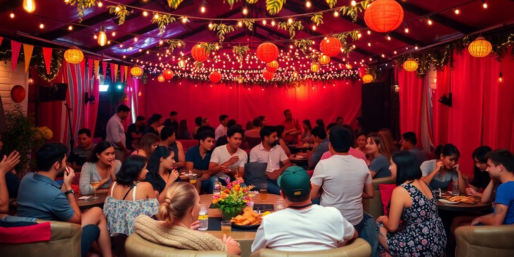 Friends enjoying a festival with cozy seating and lights.