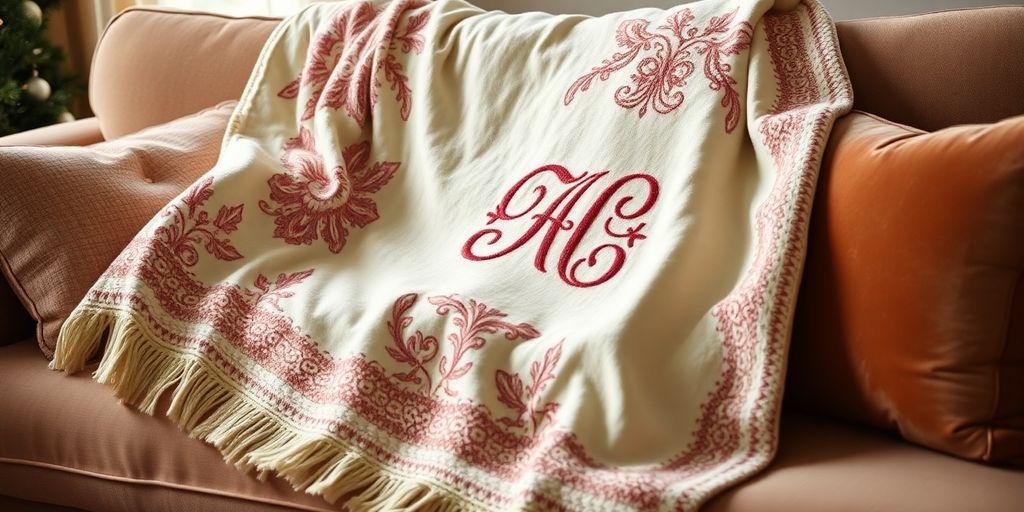 Custom embroidered throw blanket on a sofa.