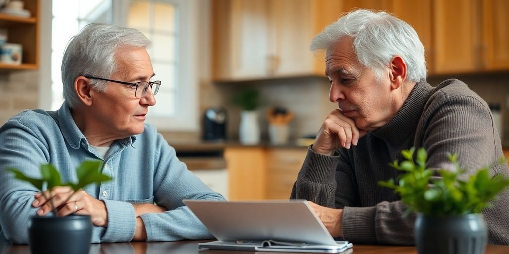 Elderly couple discussing healthcare options at home.