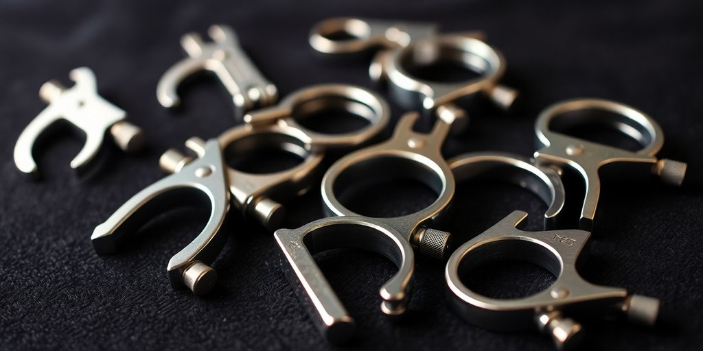 Close-up, various nipple clamps, soft lighting, blurred background.