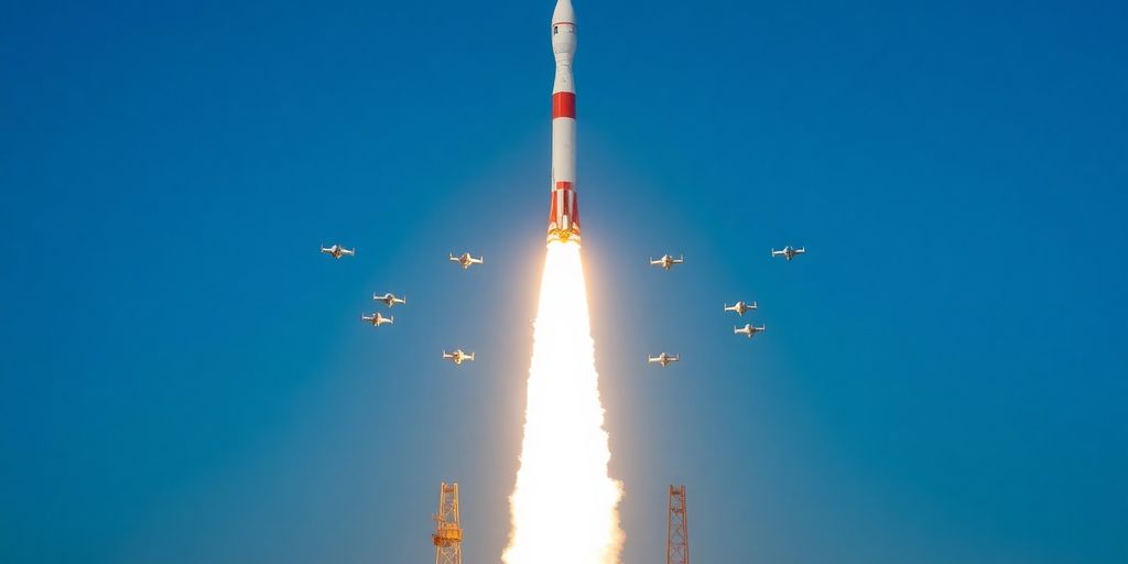 Rocket launching with satellites in formation against blue sky.