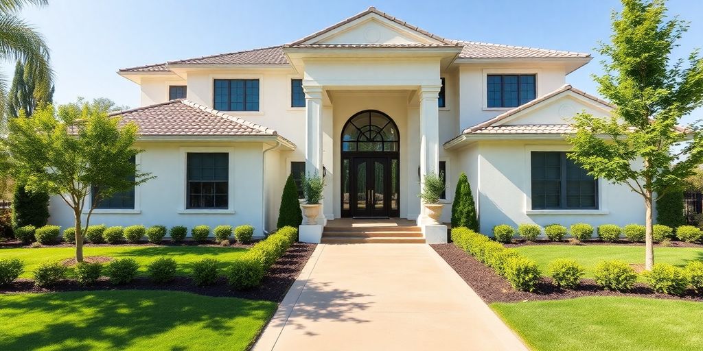 Modern home exterior with professional landscaping.
