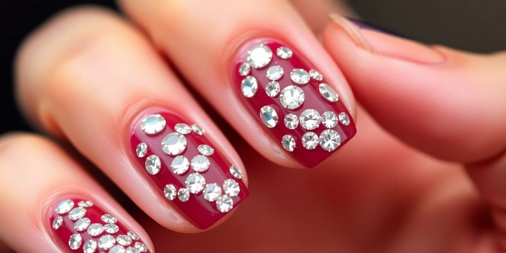 Unhas decoradas com pedrinhas brilhantes e elegantes.