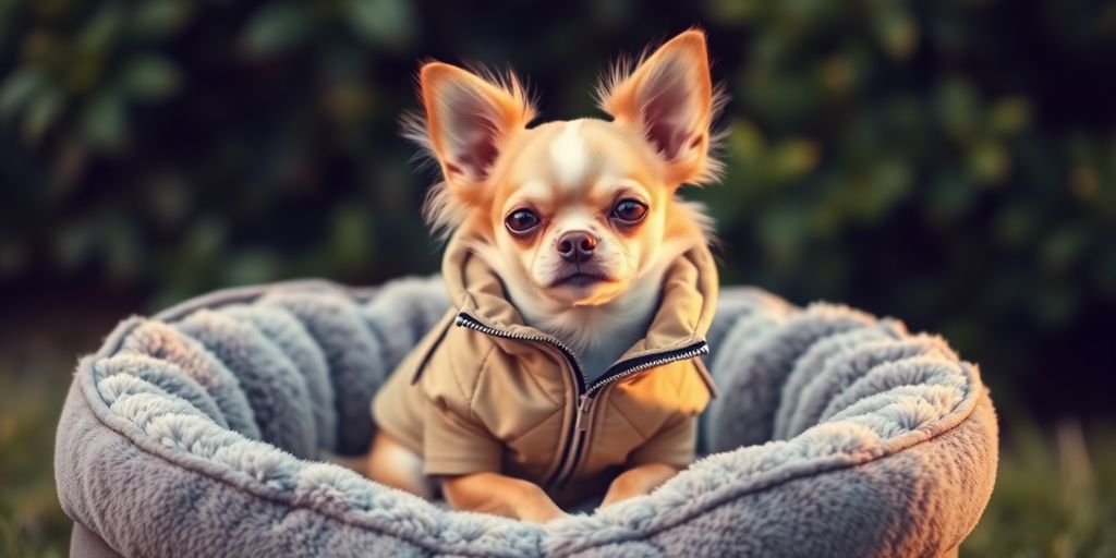 Chihuahua in stylish clothing, outdoor setting.