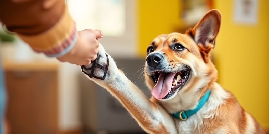 A dog shaking hands with its owner.