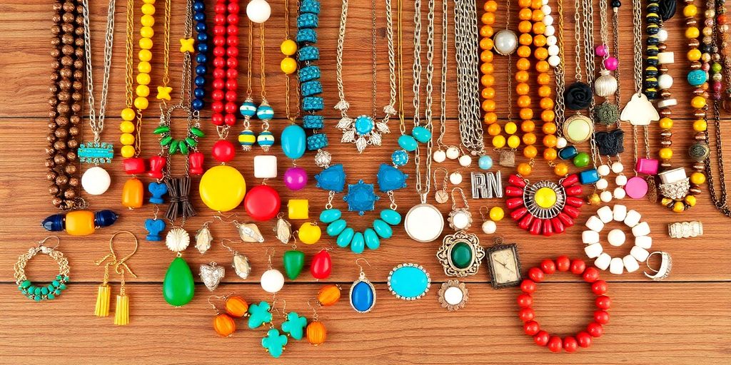 Bijoux fantaisie colorés sur un fond en bois.