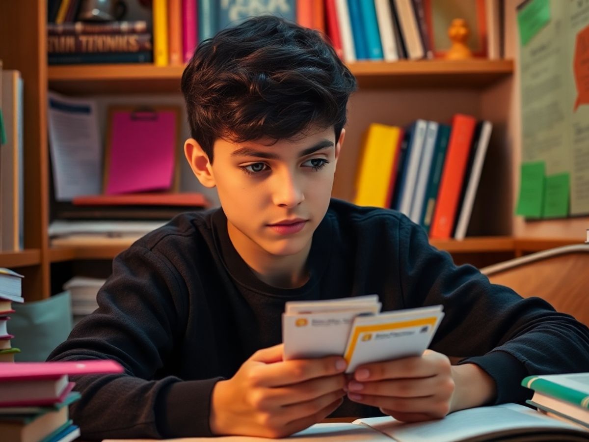 Student using flashcards in a cozy study space.