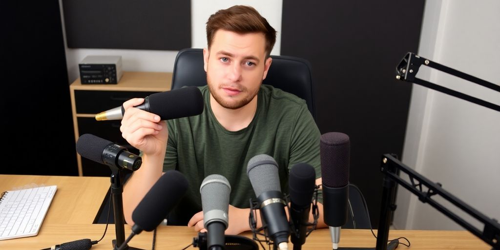 Person thoughtfully considering different microphone options.