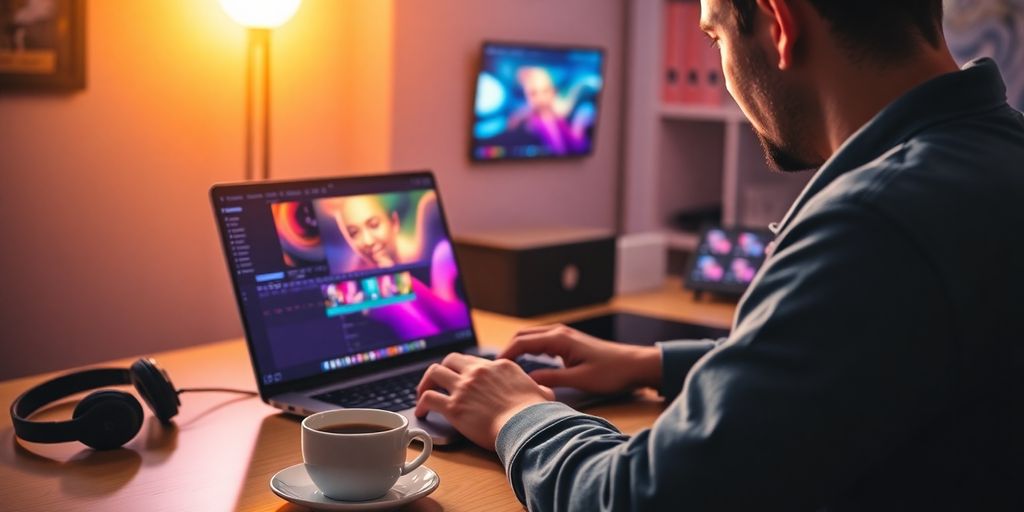 Person editing video on laptop in a colorful workspace.