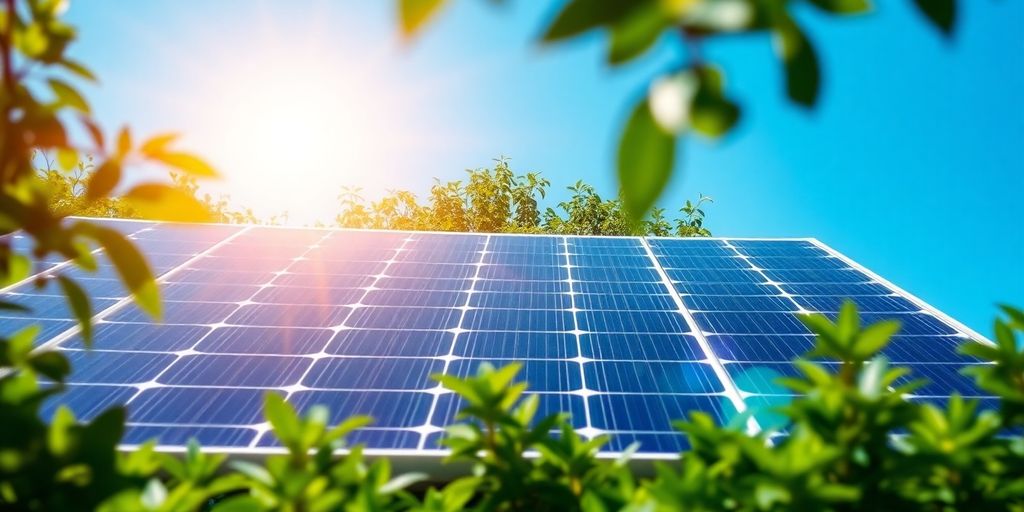 Solar panel in sunlight with green plants around it.