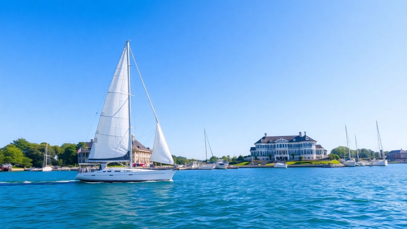 Yacht sailing near Newport Yacht Club clubhouse.