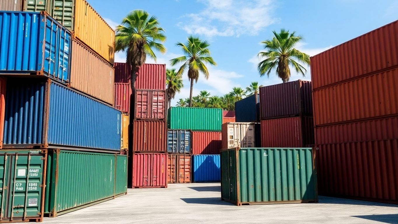 Shipping containers stacked in a sunny lot.