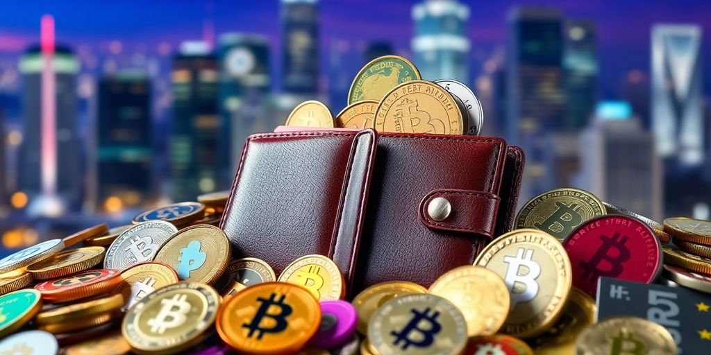 Digital wallet with various cryptocurrencies in a cityscape.