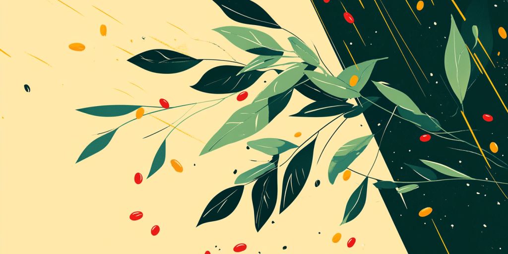Abstract illustration featuring leaves and colorful seeds against a background.