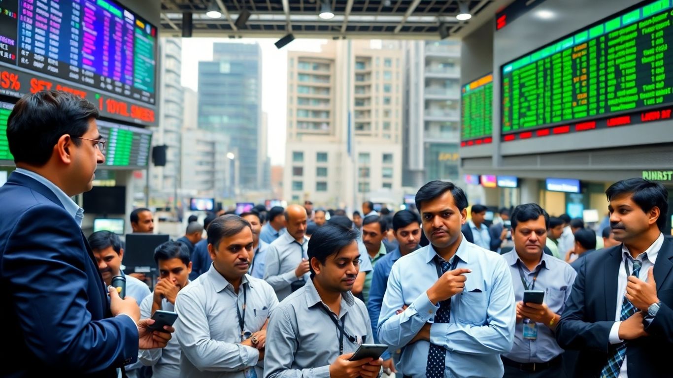 Indian stock exchange floor with business professionals and office buildings.