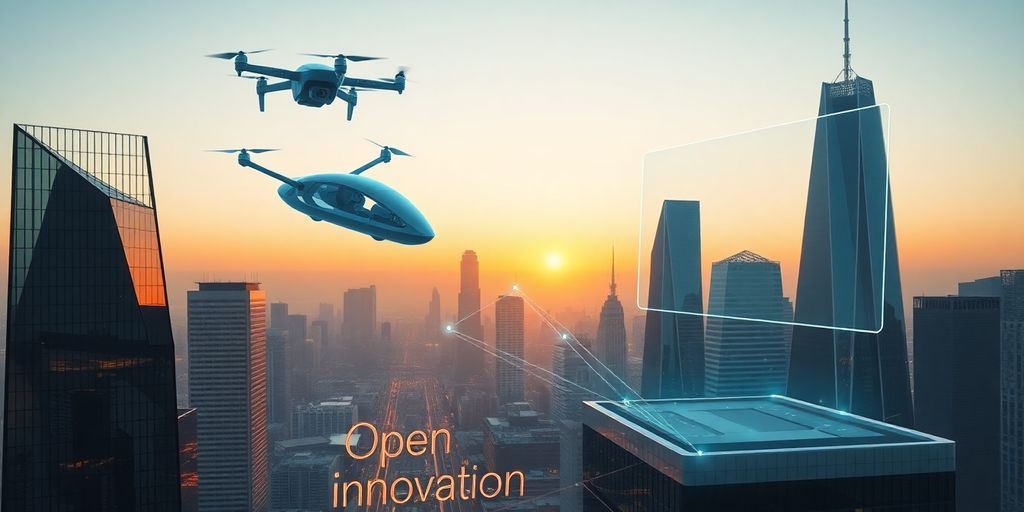 Futuristic city with innovative product holograms.