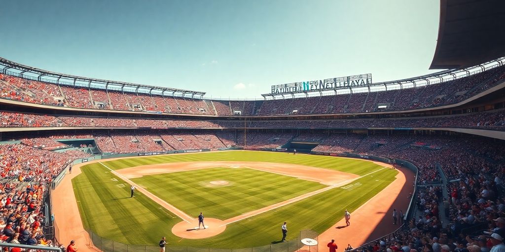 Bright stadium filled with fans enjoying a baseball game.