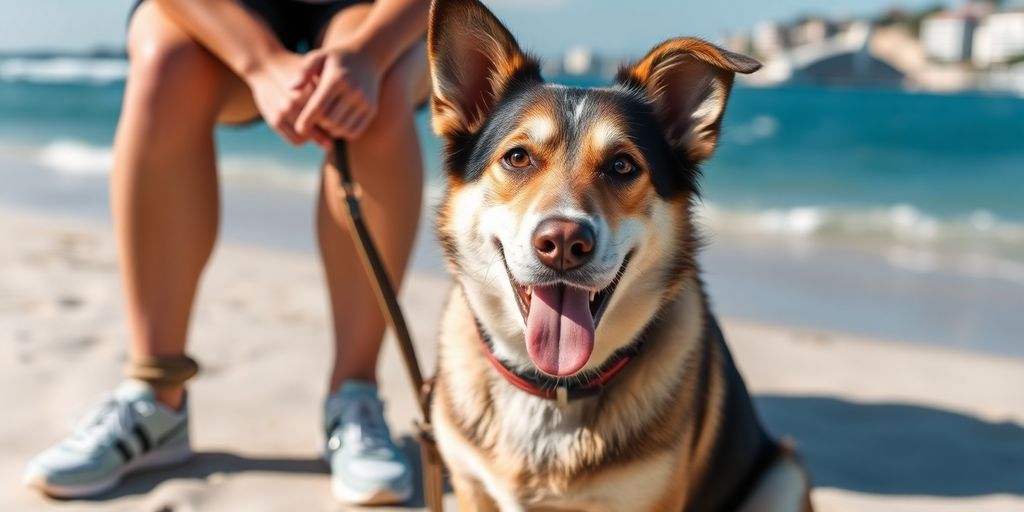 Happy dog and trainer at Bondi Beach.