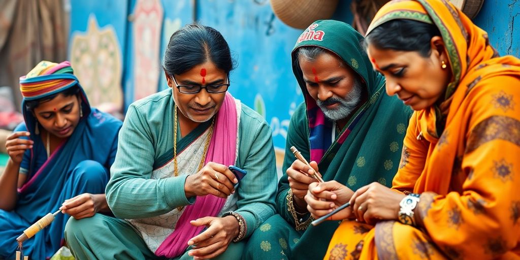 Indian artisans innovating traditional crafts in vibrant colors.