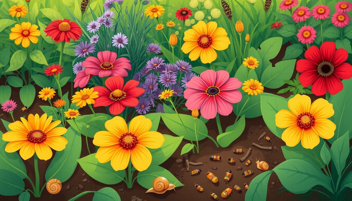 Lush garden bed with flowers and pests