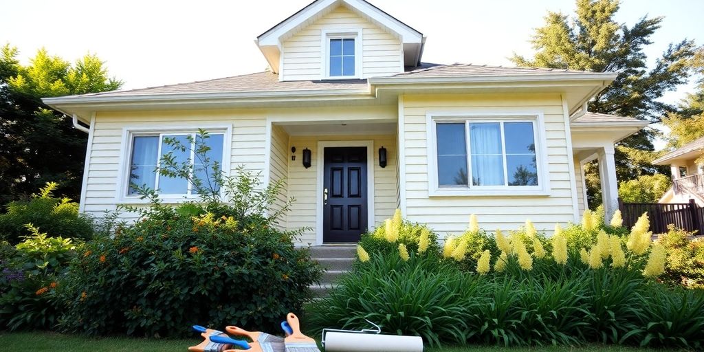 Freshly painted house exterior with painting supplies nearby.