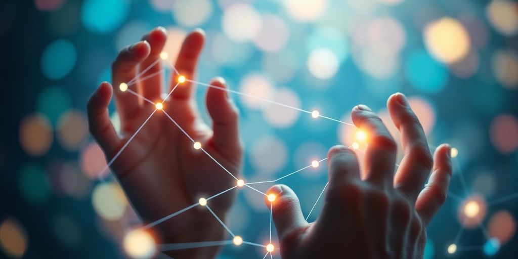 Person connecting digital links with glowing pathways.
