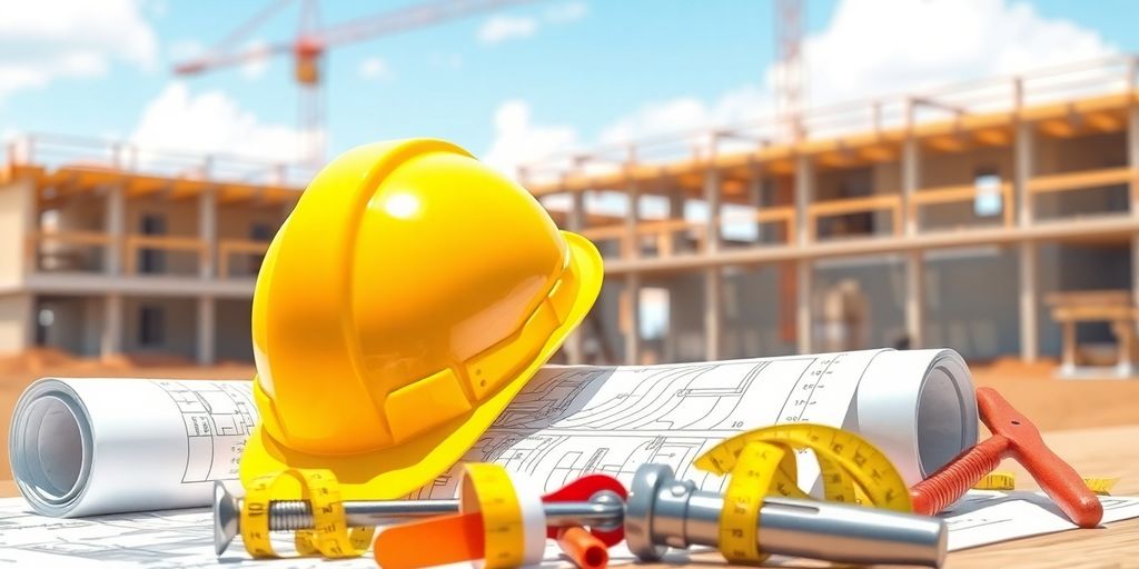 Hard hat, blueprint, and tools on a construction site.