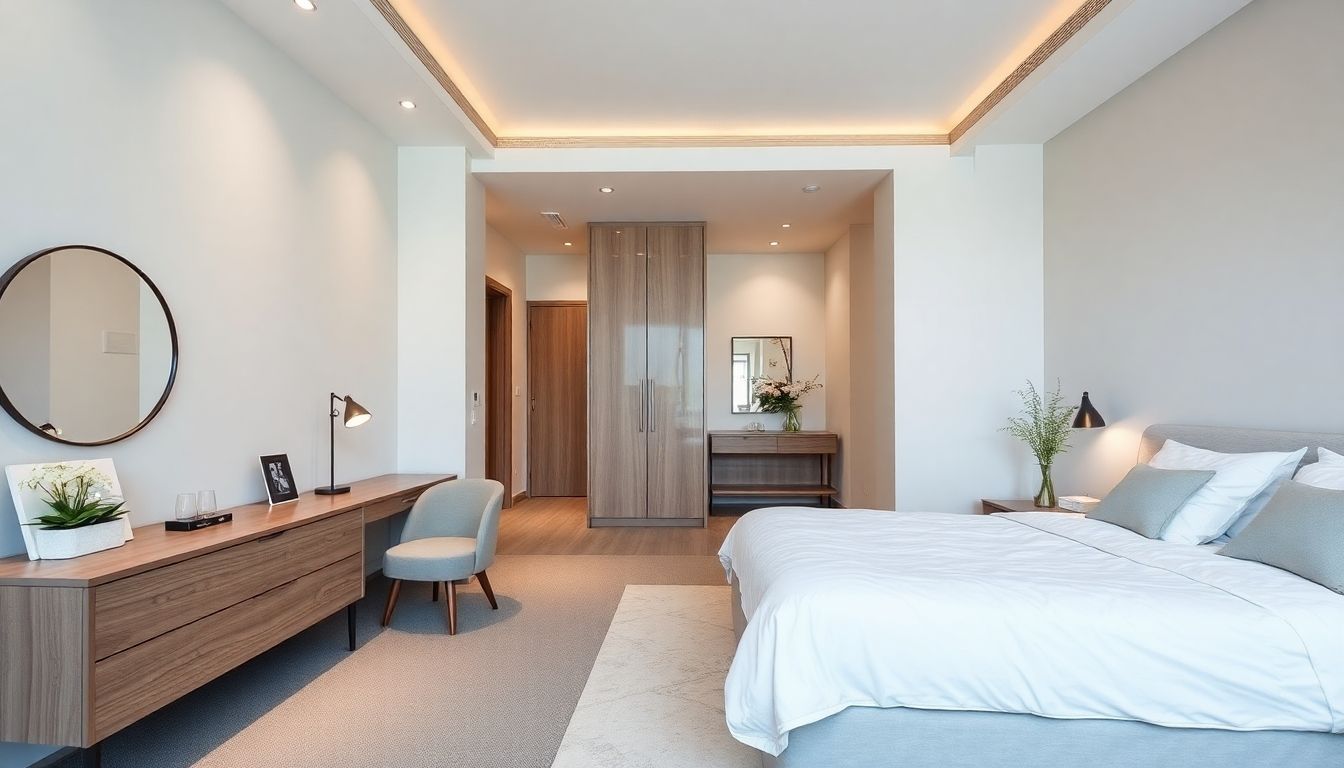 Modern bedroom with neutral colours and stylish furniture.