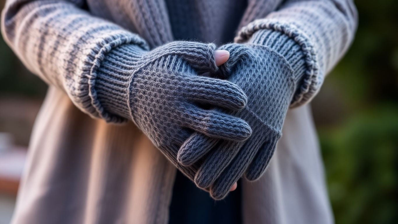 Cozy women's gloves on hands, soft light, natural background.