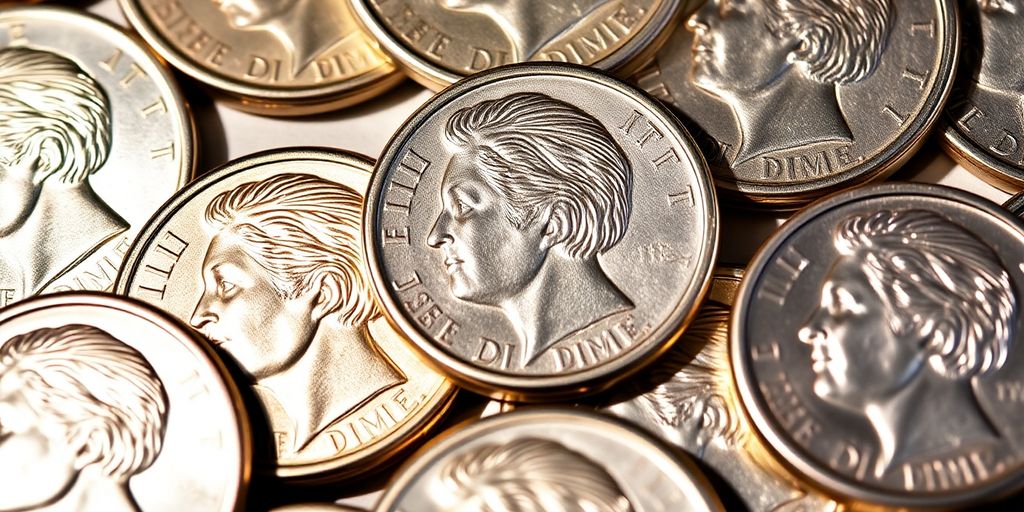 Collection of shiny Mercury dimes with detailed designs.