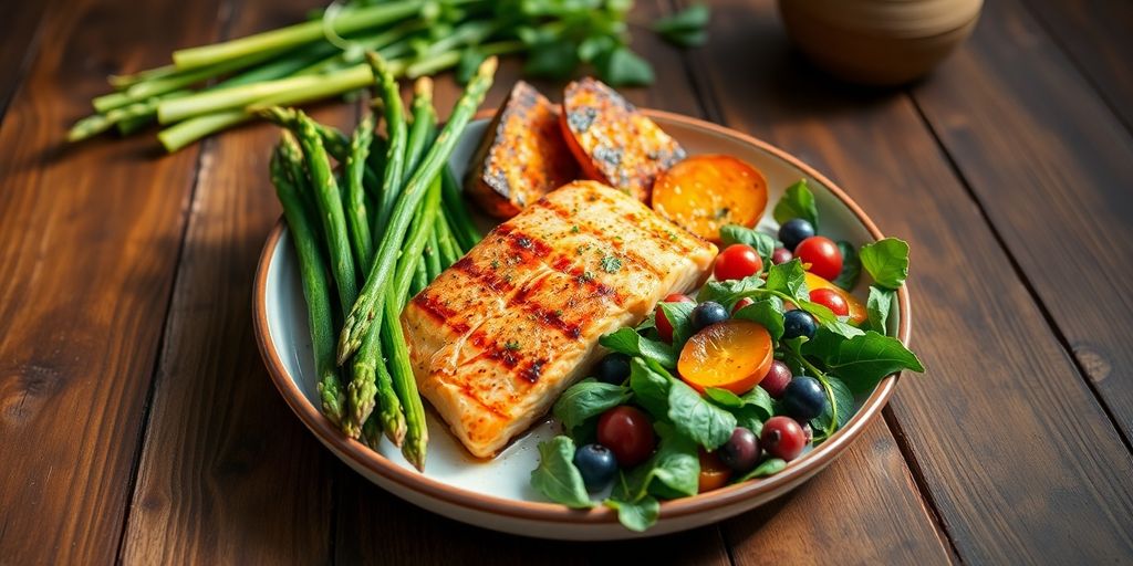 Nutrient-rich meal with colorful vegetables and lean protein.