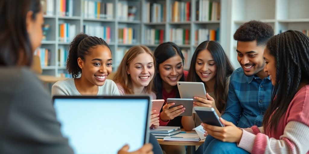 College students using study apps in a modern study space.