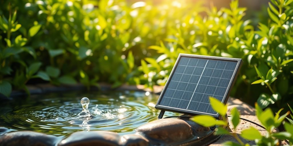 Solar panel powering a bubbling water feature.