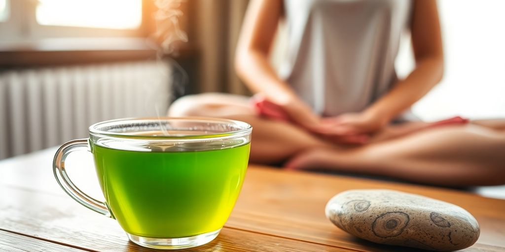 Green tea, gentle yoga pose, serene meditation.