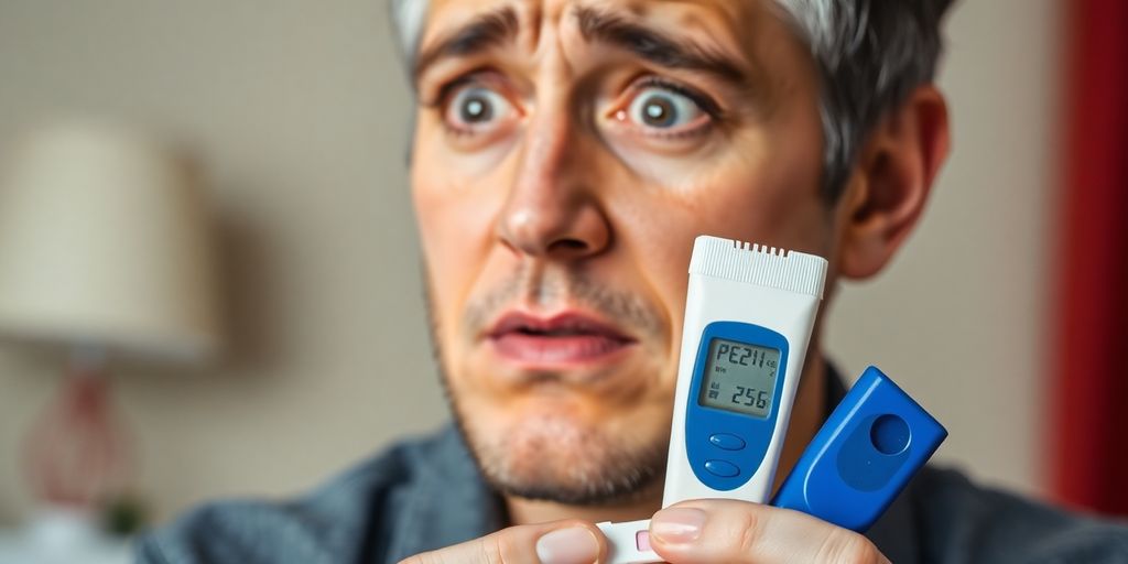 Person feeling stressed near diabetes testing equipment.
