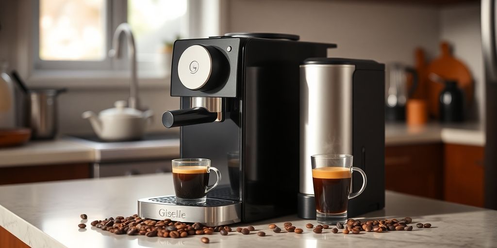 Giselle coffee machine with coffee cup and beans.