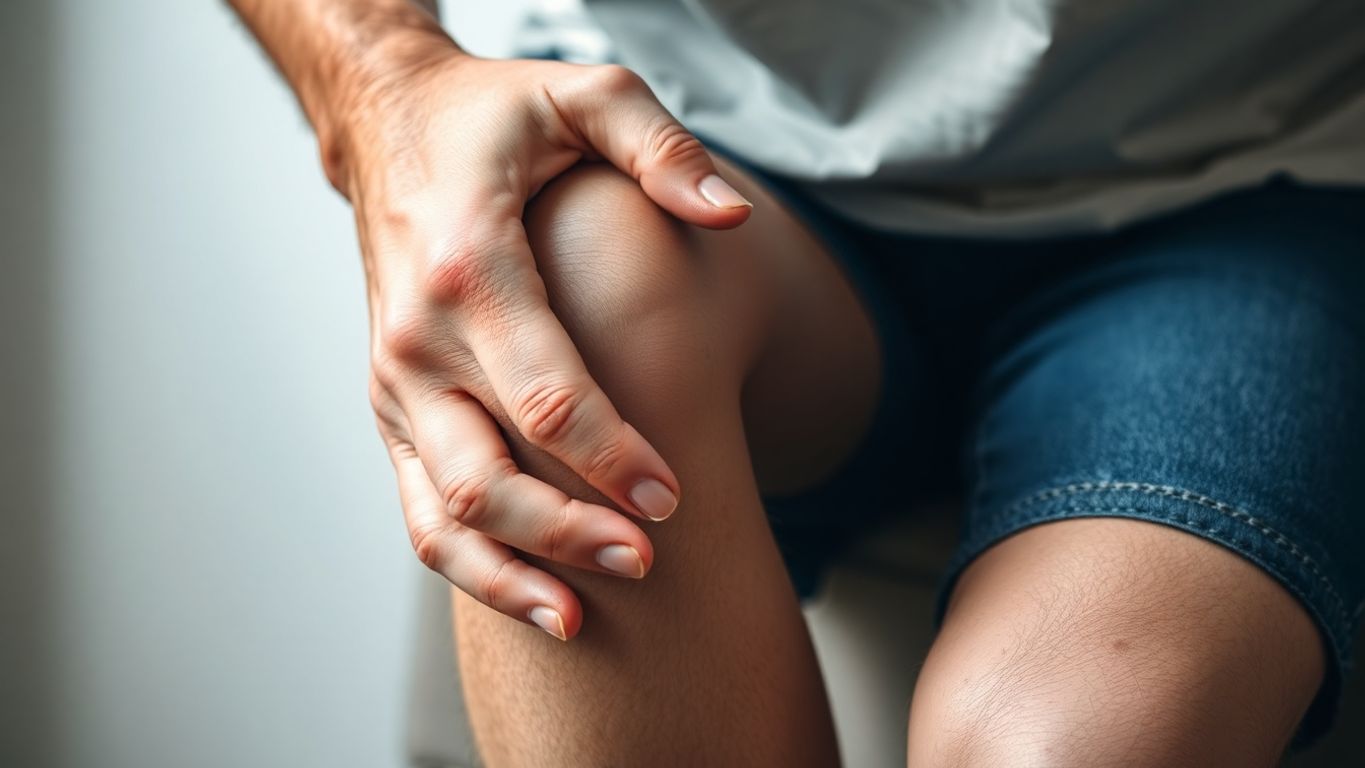 Person holding knee in pain with blurred background.