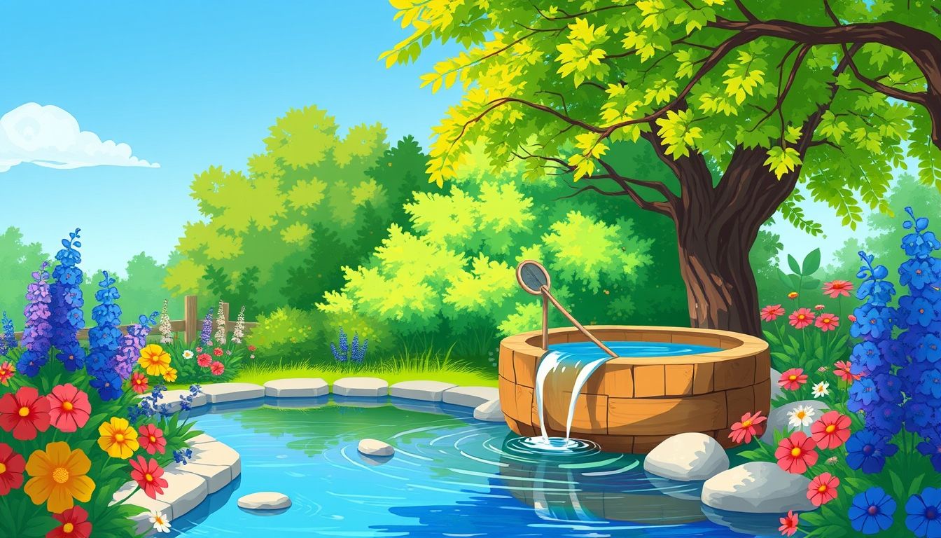 Wooden water feature in a lush garden.