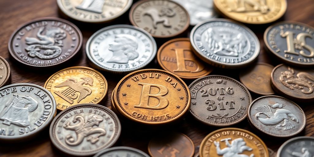 A collection of diverse collectible coins on display.