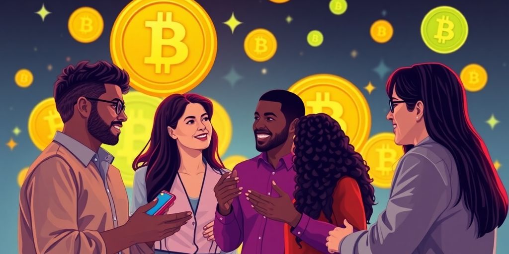 Group of people discussing cryptocurrency in a vibrant setting.