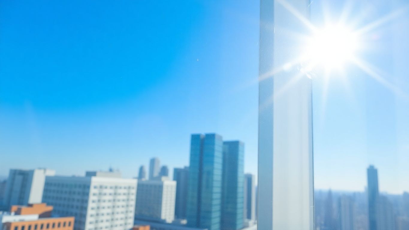 Sparkling clean window, pristine city reflection.